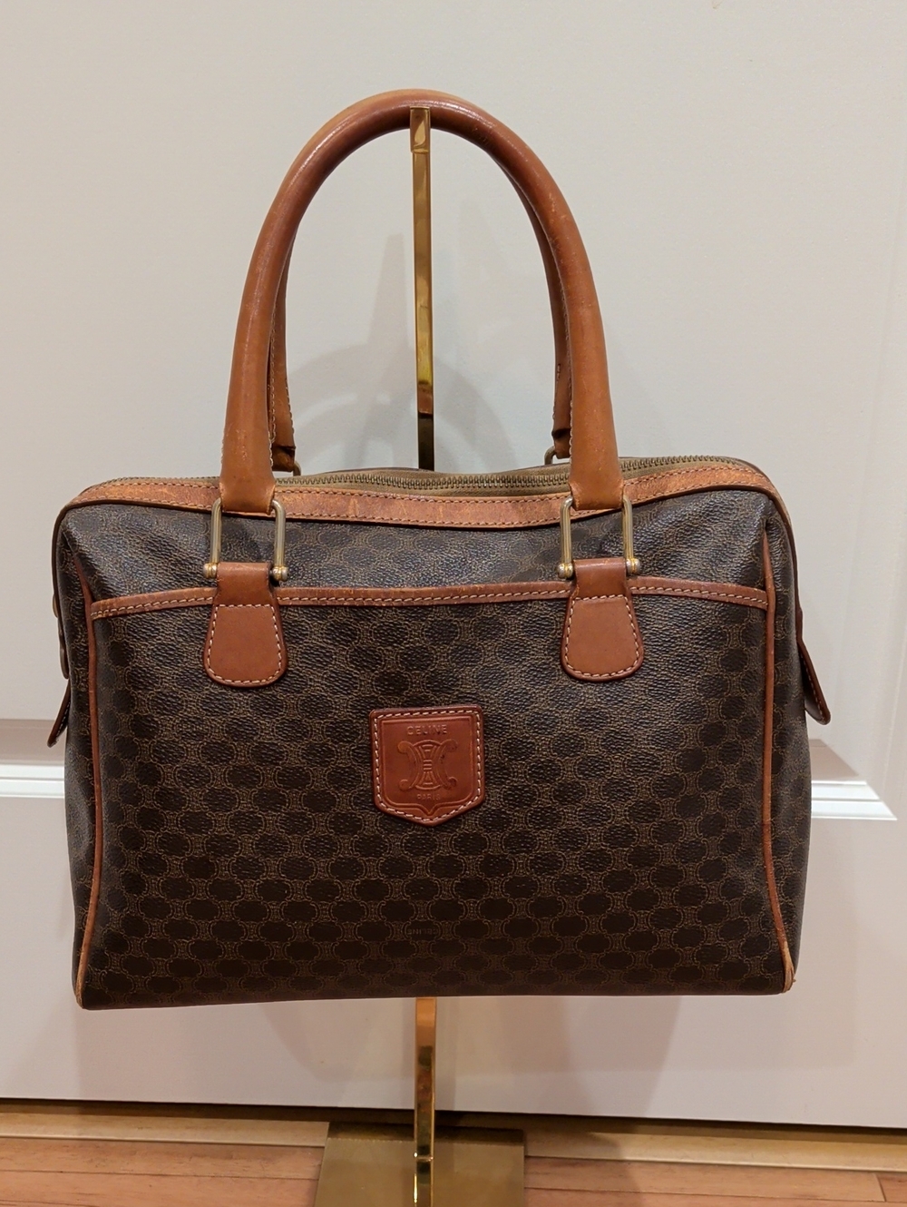 Céline Vintage Macadam Triomphe Medium Boston Satchel Purse PVC Canvas Vachetta